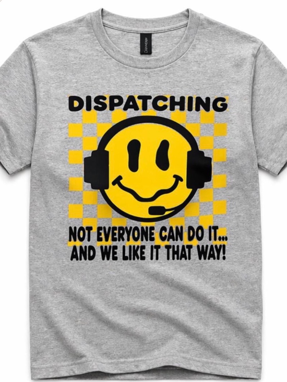 Gildan Gray Tee with Yellow & Black Dispatching Smiley Graphic